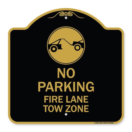Fire Lane Tow Zone With Graphic, Black & Gold Aluminum Architectural Sign
